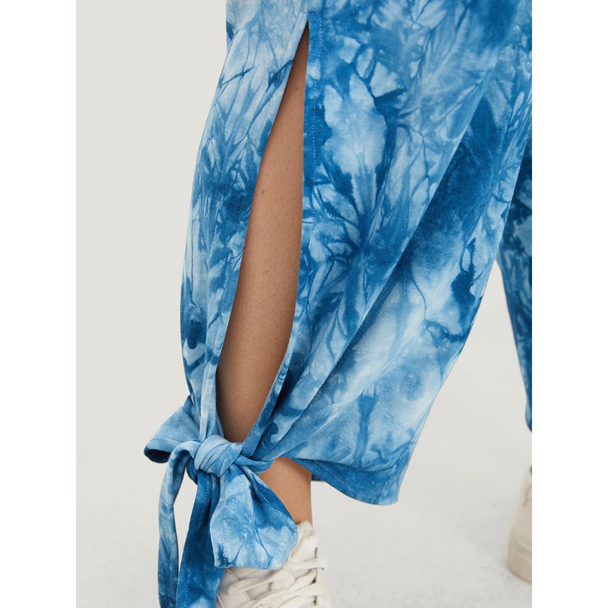 Plus Size Tie Dye Pocket Cut Out Knotted Hem Pants Women Blue Casual Mid Rise Dailywear Pants BloomChic 14-16/1X Product Image