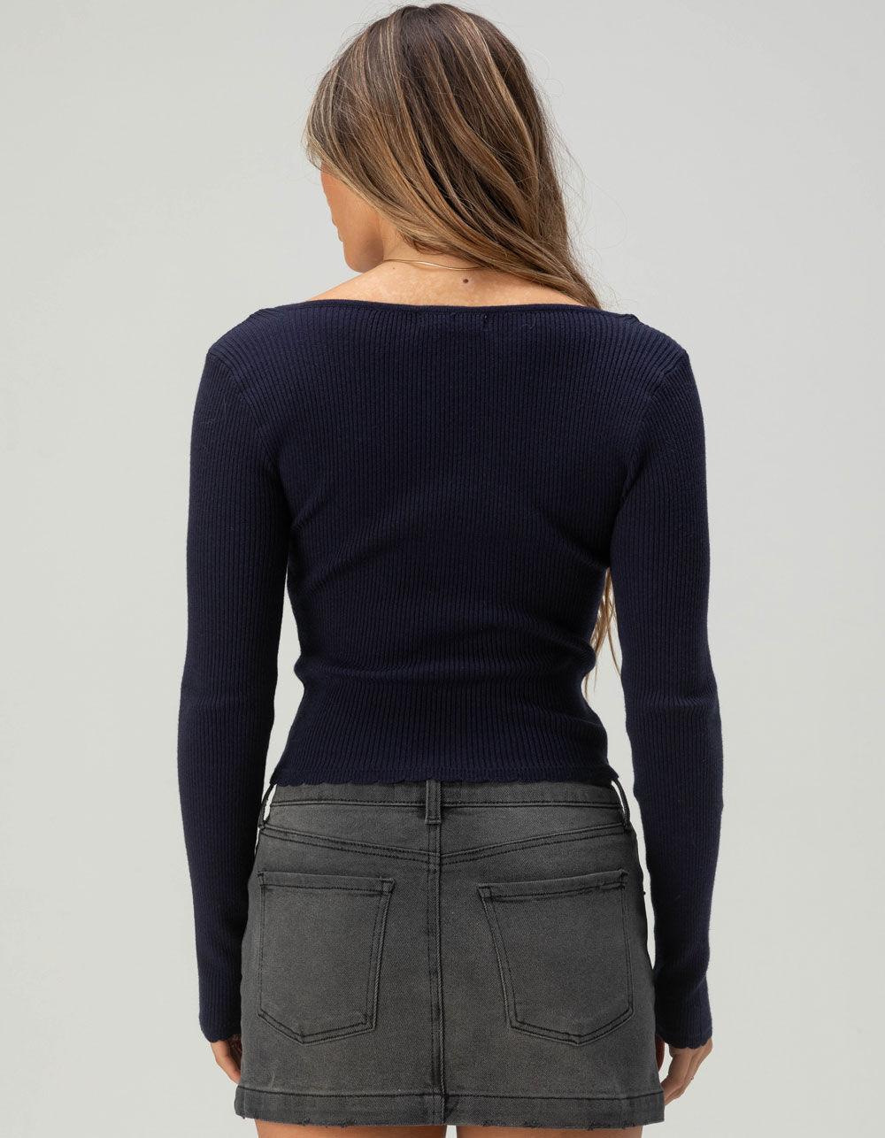 RSQ Womens Long Sleeve Square Neck Rib Bow Top - NAVY Product Image