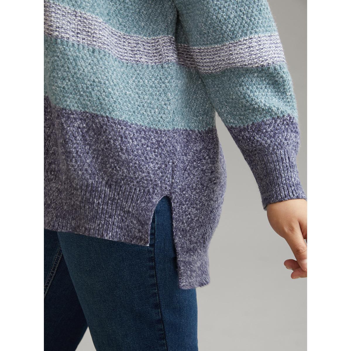 Plus Size Colorblock Heather Split Side High Low Hem Pullover Cerulean Women Casual Loose Long Sleeve V-neck Dailywear Pullovers BloomChic 30/6X Product Image