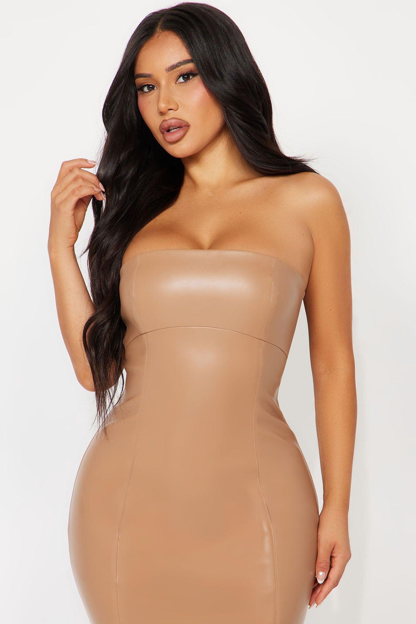Call Me Faux Leather Midi Dress - Taupe Product Image