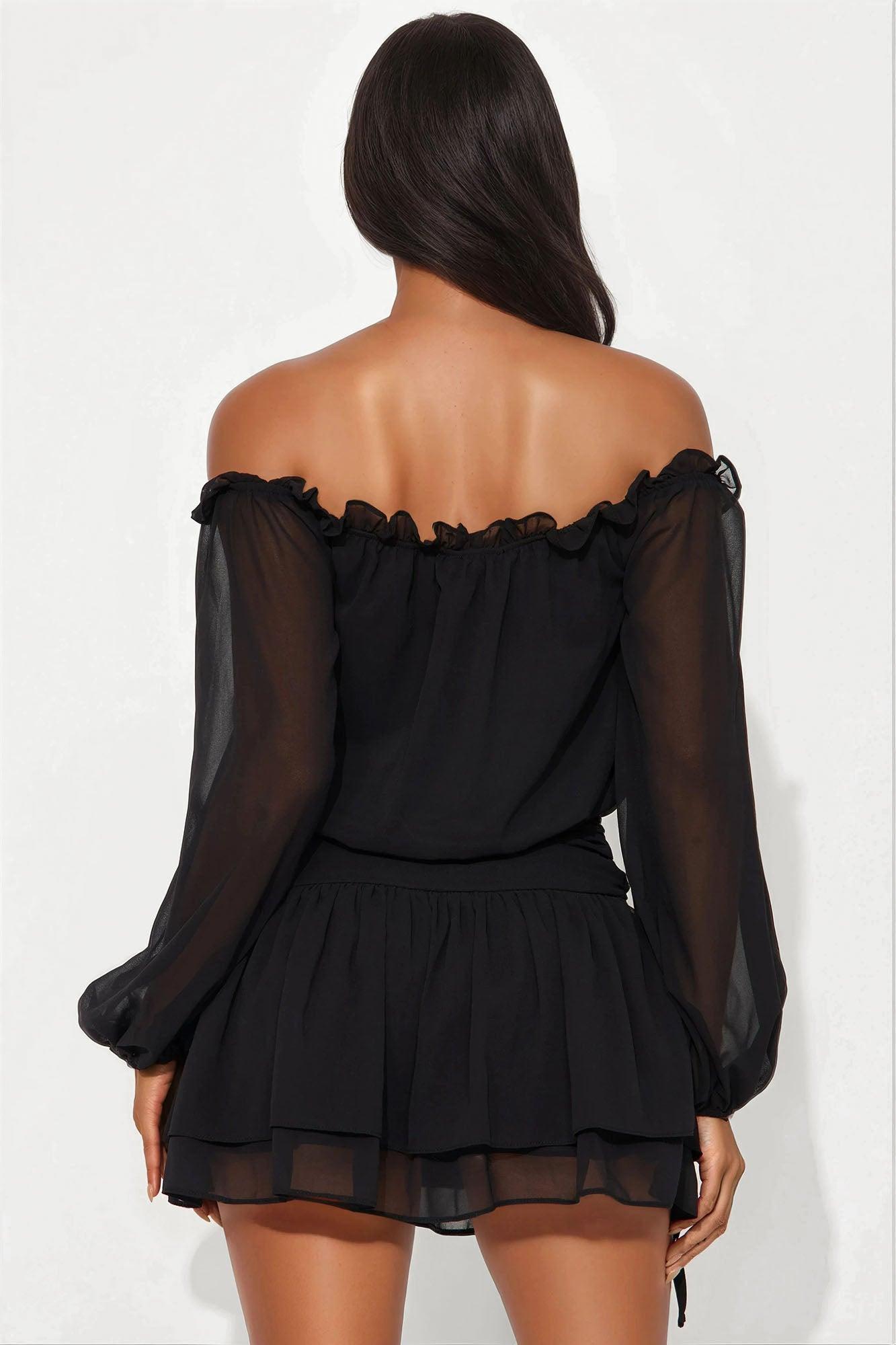 Rylie Puff Sleeve Chiffon Mini Dress - Black Product Image