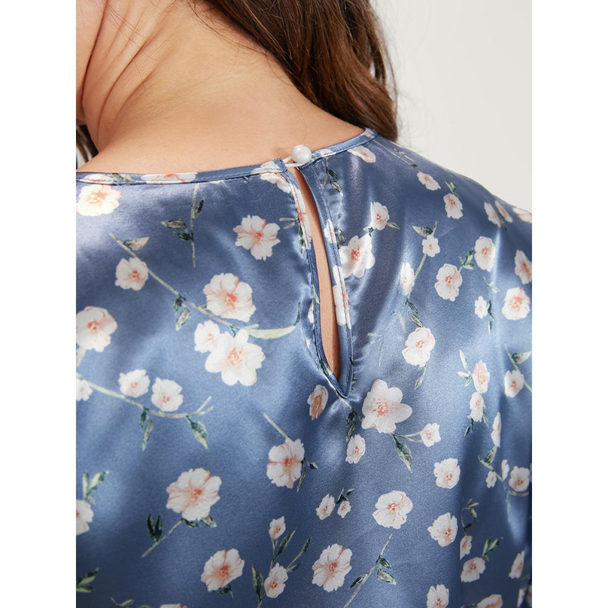 Plus Size Floral Keyhole Back Pocket Belted Satin Midi Dress Aegean Women Elegant Pocket Round Neck Long Sleeve Curvy Midi Dress BloomChic 12/L Product Image