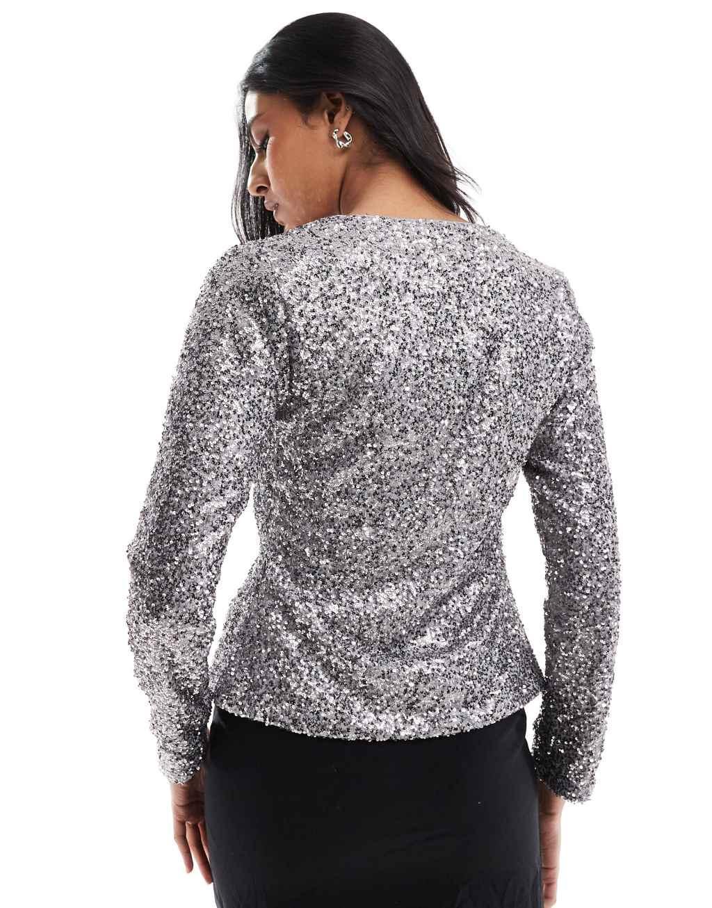 Never Fully Dressed sequin knit cardigan in gunmetal Product Image