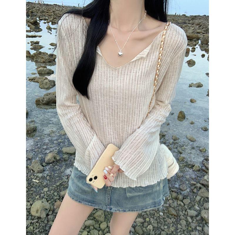 Long Sleeve V-Neck Plain Ribbed Top Product Image