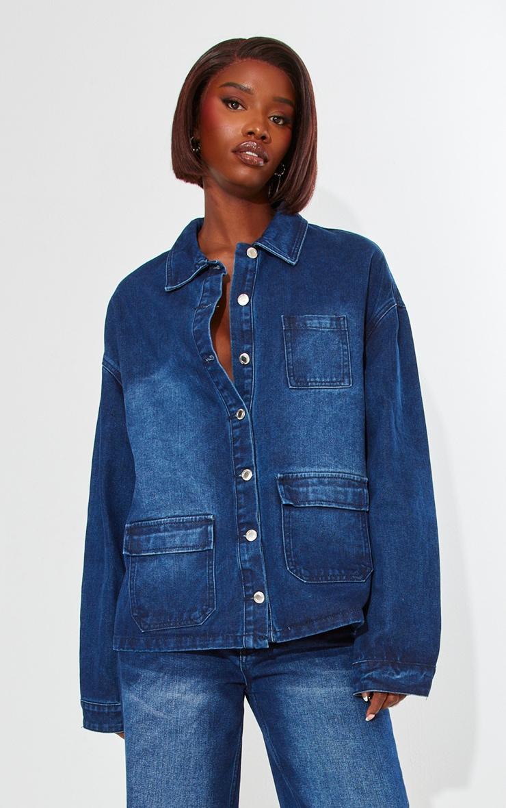 Tall Dark Indigo Wash Front Pocket Detail Boxy Denim Jacket Product Image