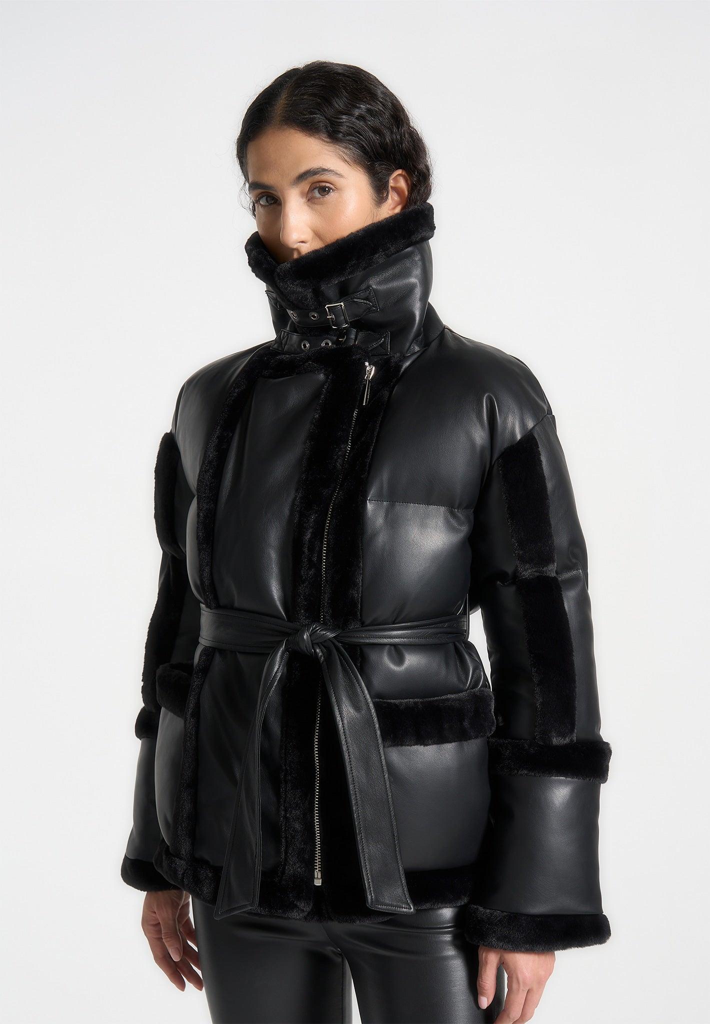 Leather and Plush Puffer Biker Jacket - Black Female Product Image