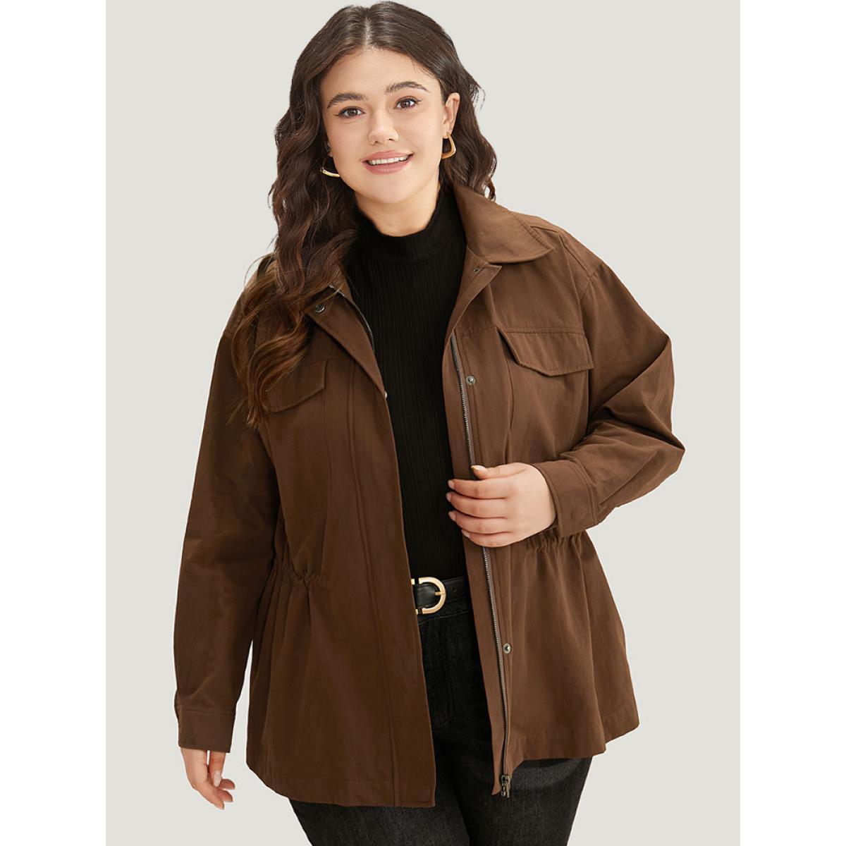Plus Size Plain Flap Pocket Gathered Coat Women Maroon Casual Gathered Ladies Dailywear Winter Coats BloomChic 30/6X Product Image