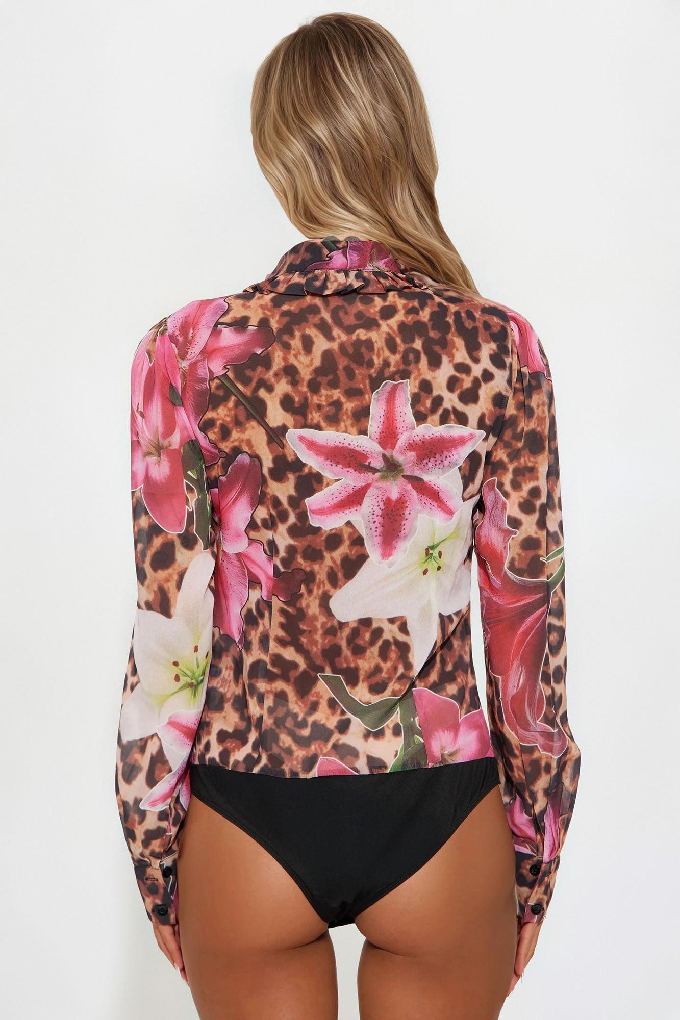 Mishelle Chiffon Floral Leopard Bodysuit - Brown/combo Product Image