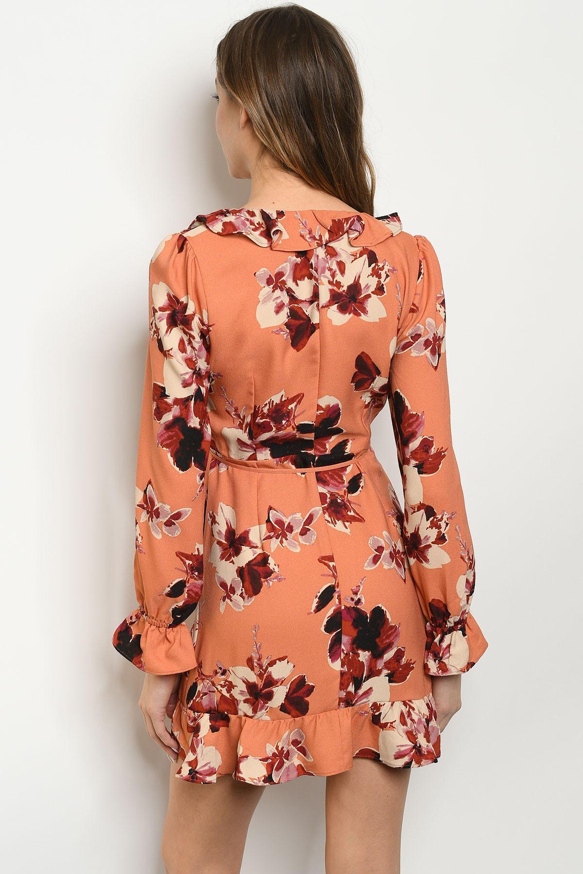 Ruffles Peach Floral Wrap Dress Product Image