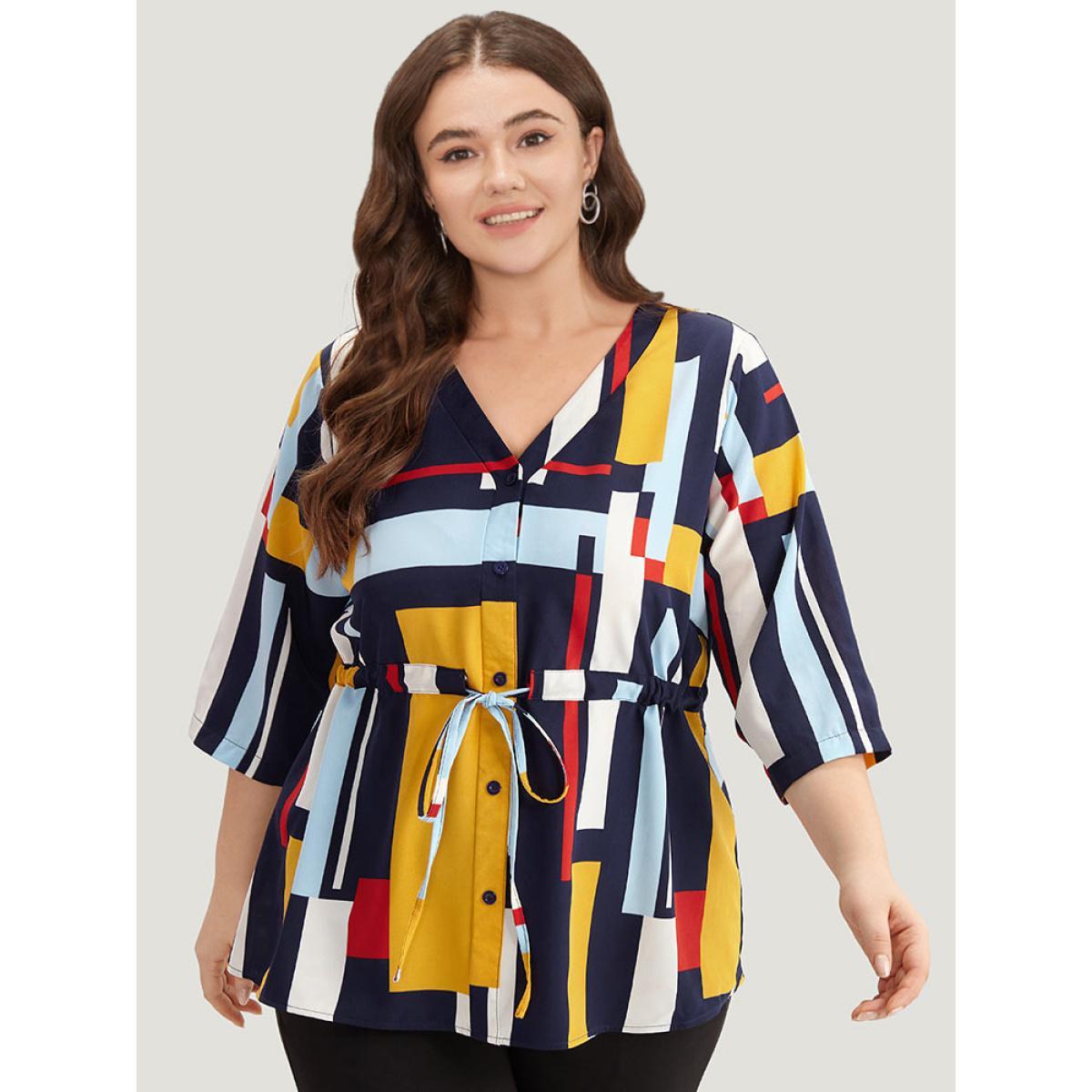Plus Size Multicolor Geometric Contrast Drawstring Button Up Blouse Women Office Elbow-length sleeve V-neck Work Blouses BloomChic 22-24/3X Product Image