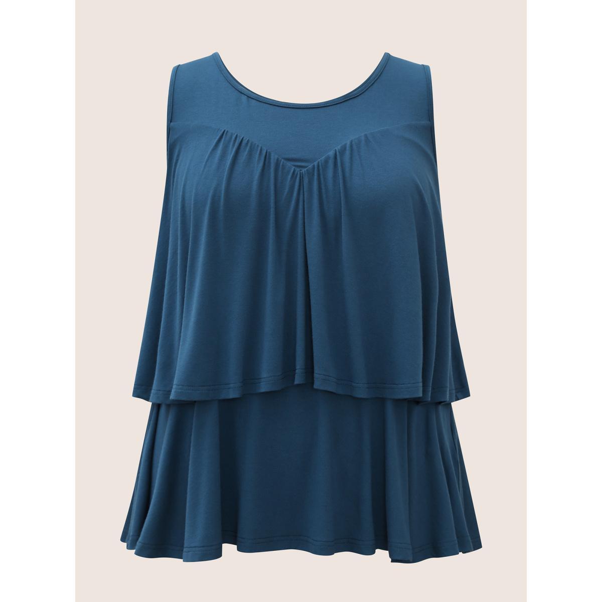 Plus Size Plain Round Neck Tiered Ruffles Tank Top Women Indigo Casual Tiered Round Neck Everyday Tank Tops Camis BloomChic 22-24/3X Product Image