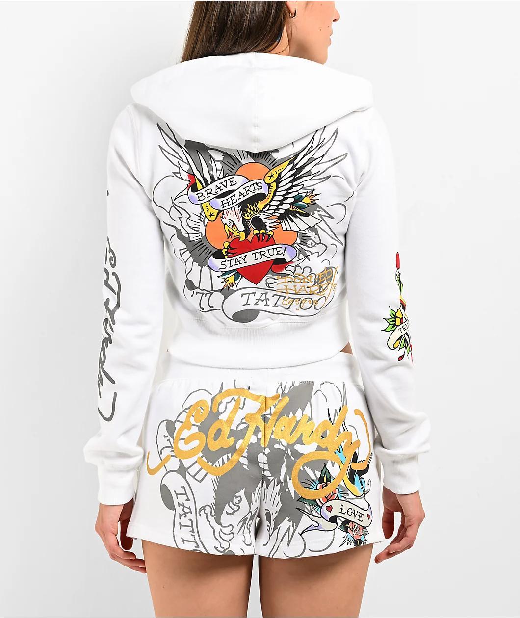Ed Hardy Brave Eagle Y2K White Crop Zip Hoodie Product Image