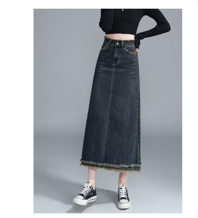 High Rise Washed Tassel Trim Midi A-Line Denim Skirt Product Image