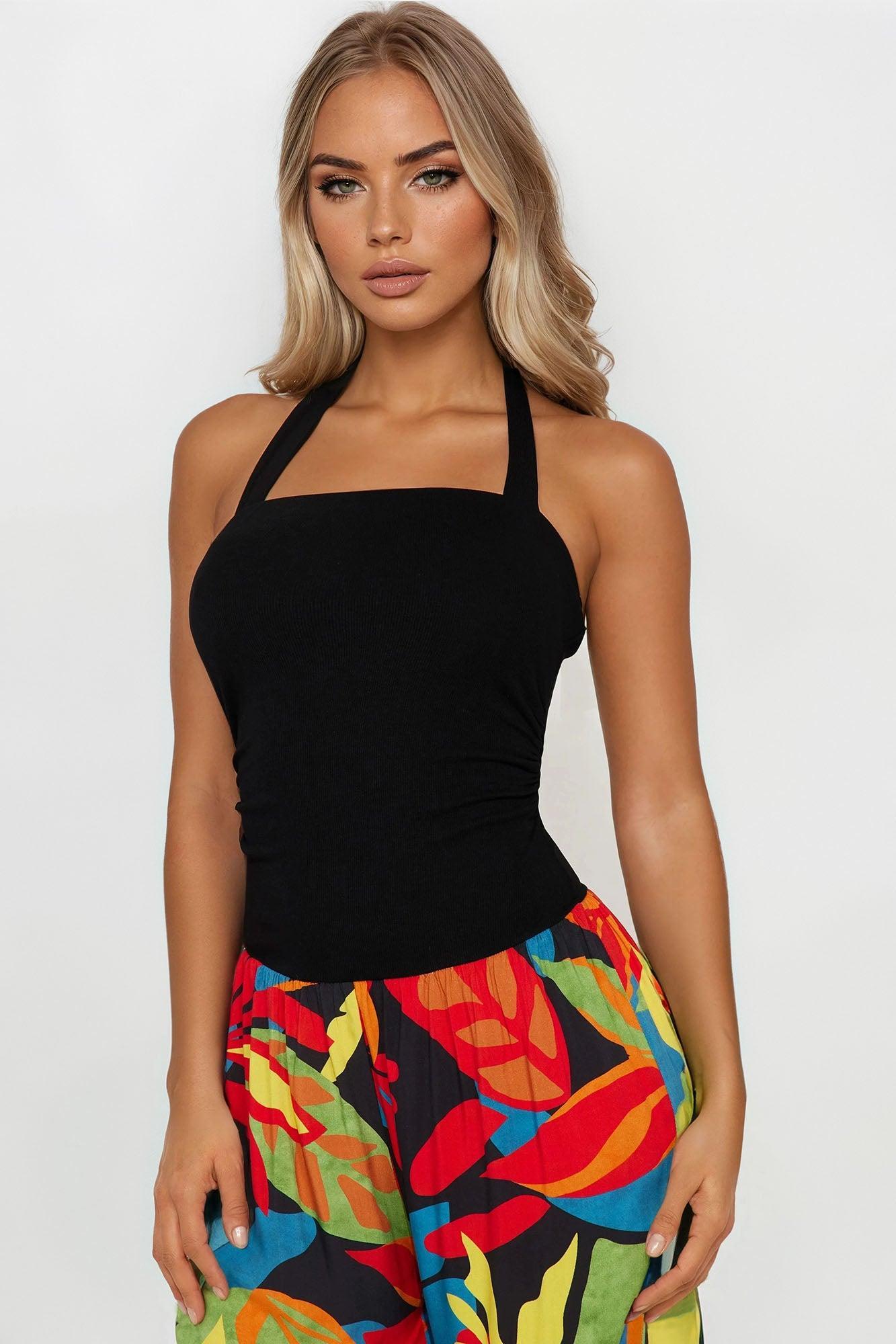 Maeve Tropical Halter Jumpsuit - Black/combo Product Image