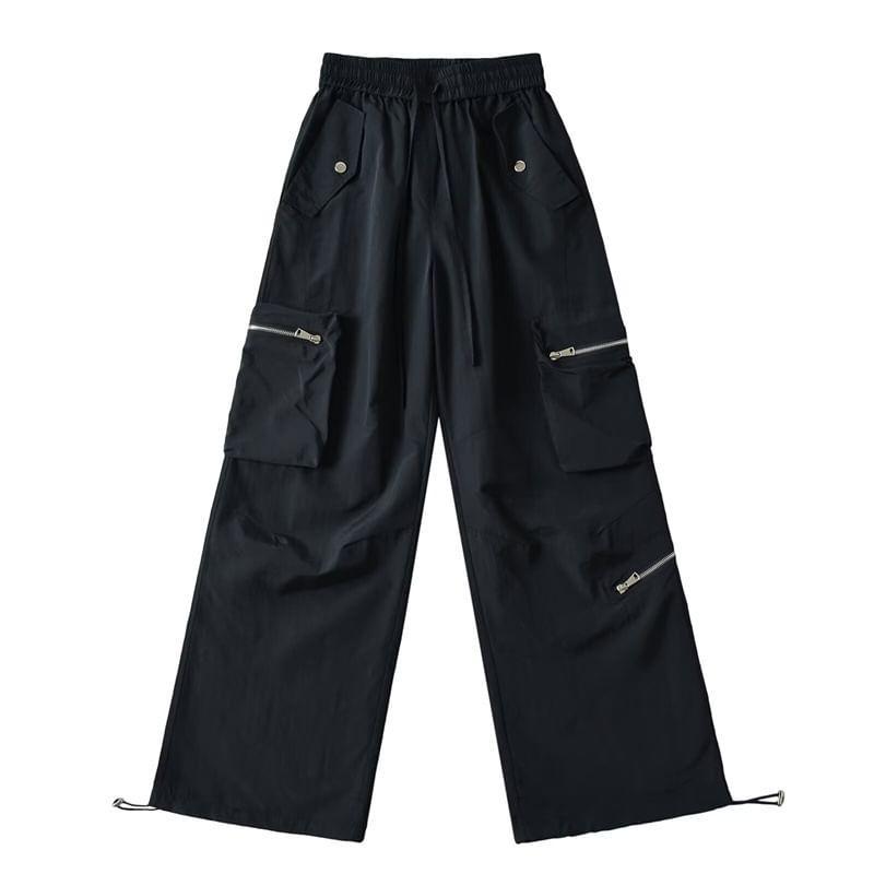 Drawstring Waist Plain Zipped Wide Leg Cargo Pants Product Image