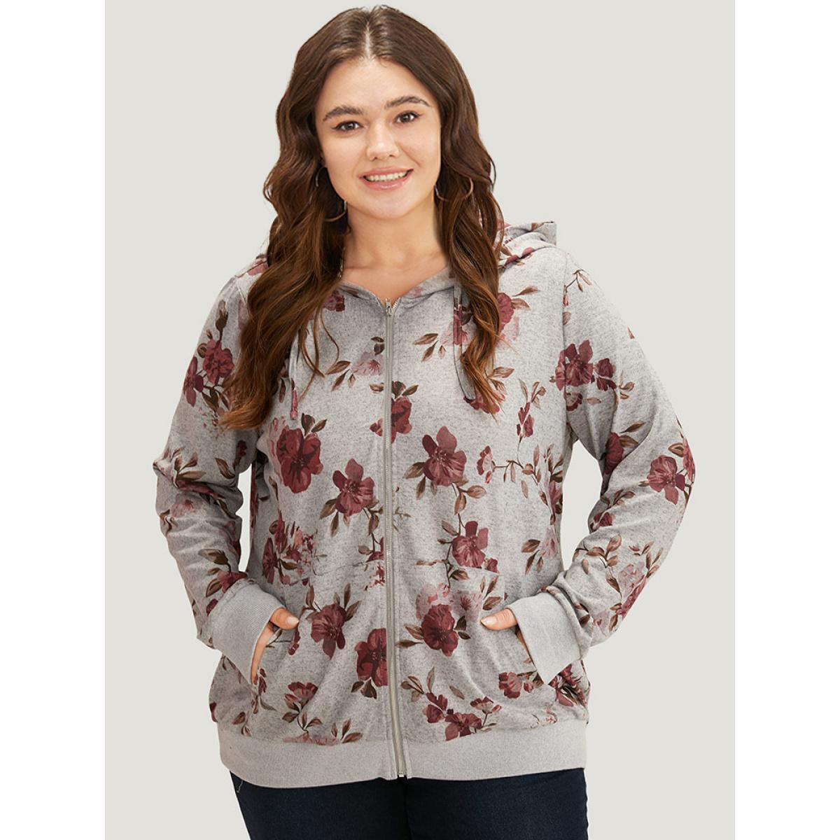 Plus Size Floral Print Pocket Drawstring Hooded Sweatshirt Women Gray Casual Printed Hooded Dailywear Sweatshirts BloomChic 28/5X Product Image