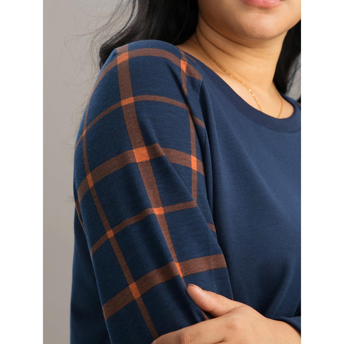 Plus Size Plaid Two Tone Patchwork Rib Knit Sweatshirt Women Indigo Elegant Rib Knit Round Neck Dailywear Sweatshirts BloomChic 10/M Product Image