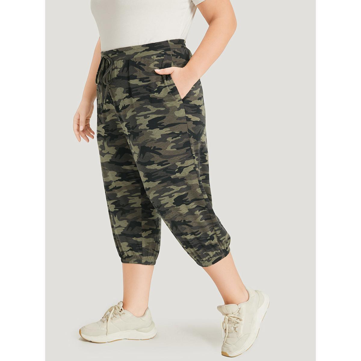 Camo Drawstring High Rise Pocket Cropped Sweatpants ArmyGreen Plus Size Women Casual Dailywear Cross straps 30/6X Bloomchic Product Image