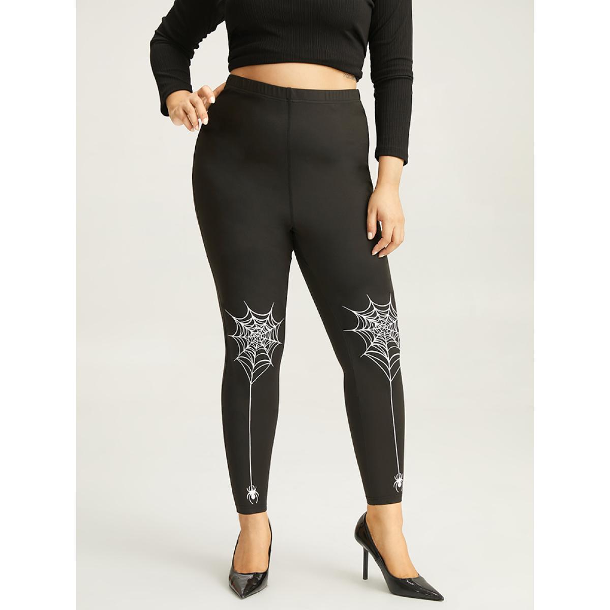 Plus Size Halloween Spider Web Print Skinny Leggings Women Black Casual High stretch Skinny High Rise Festival-Halloween Leggings BloomChic 30/6X Product Image