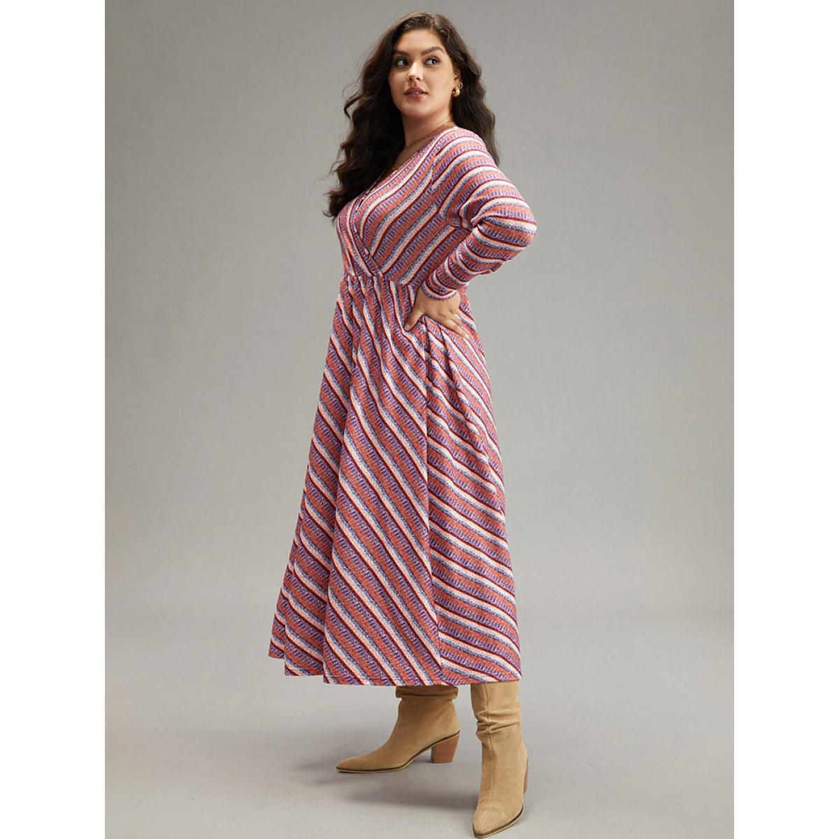 Plus Size Striped Elastic Waist Gathered Dress DustyPink Women Casual Printed V-neck Long Sleeve Curvy Midi Dress BloomChic 12/L Product Image