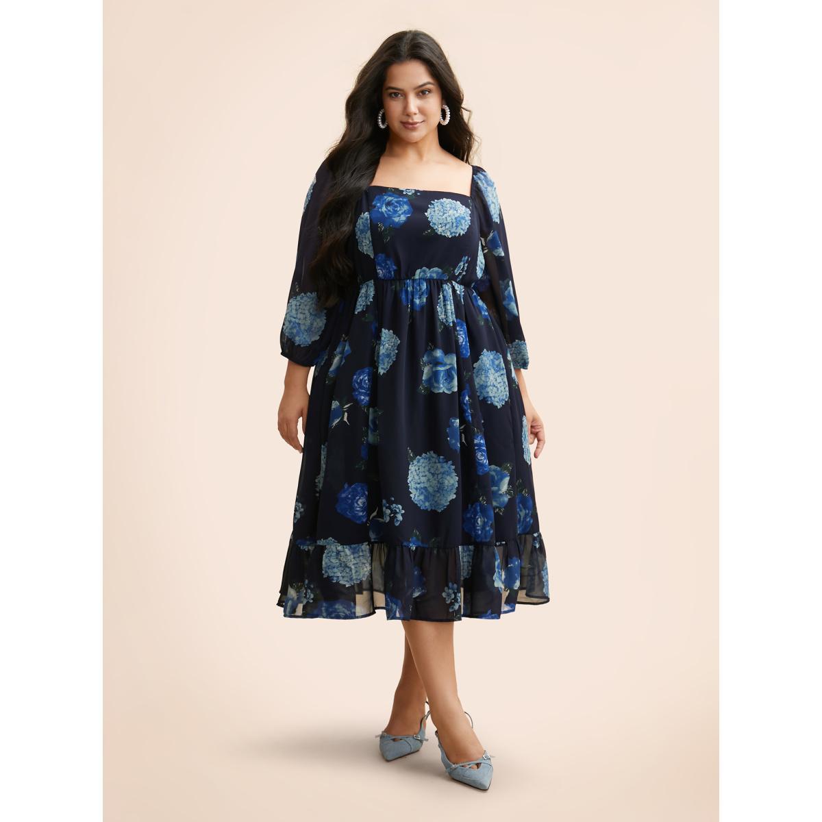Plus Size Floral Patchwork Ruffle Hem Mesh Dress DarkBlue Women Elegant See through Square Neck Elbow-length sleeve Curvy BloomChic 26/4X Product Image