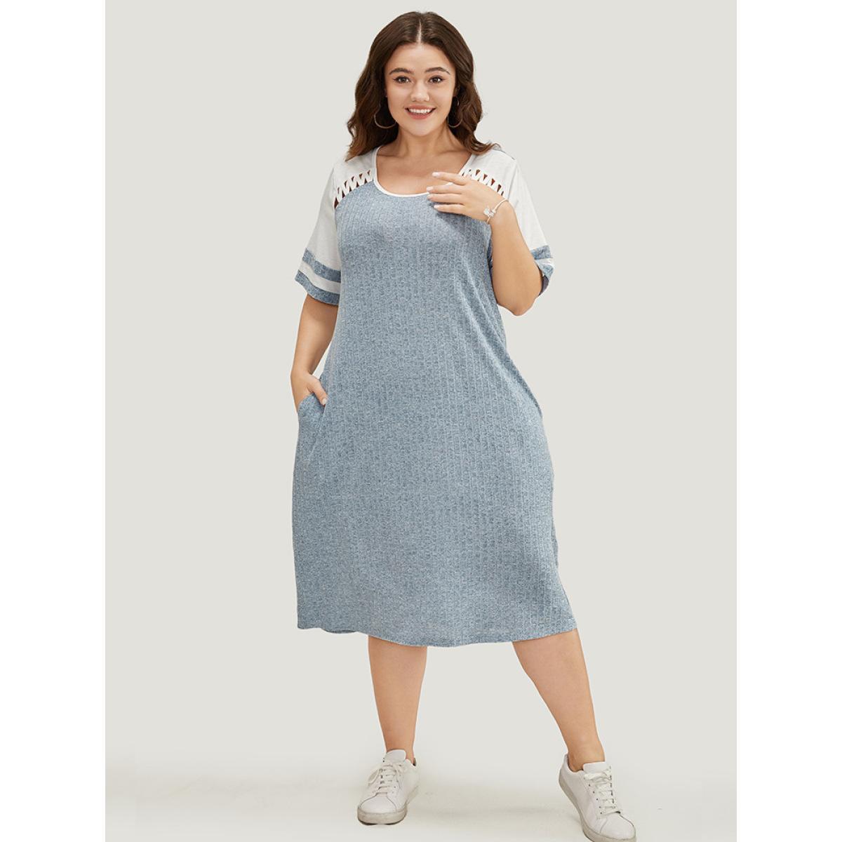 Plus Size Colorblock Contrast Pocket Crisscross Detail Rib Knit Dress Stone Women Casual Contrast Round Neck Short sleeve Curvy Midi Dress BloomChic 14-16/1X Product Image