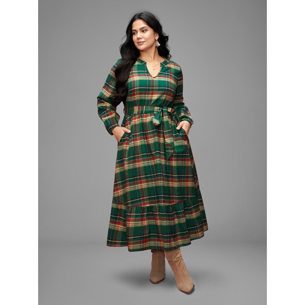 Plus Size Festive Notched Collar Plaid Dress Truegreen Women Elegant Belted Flat collar with V-notch Long Sleeve Curvy BloomChic 22-24/3X Product Image