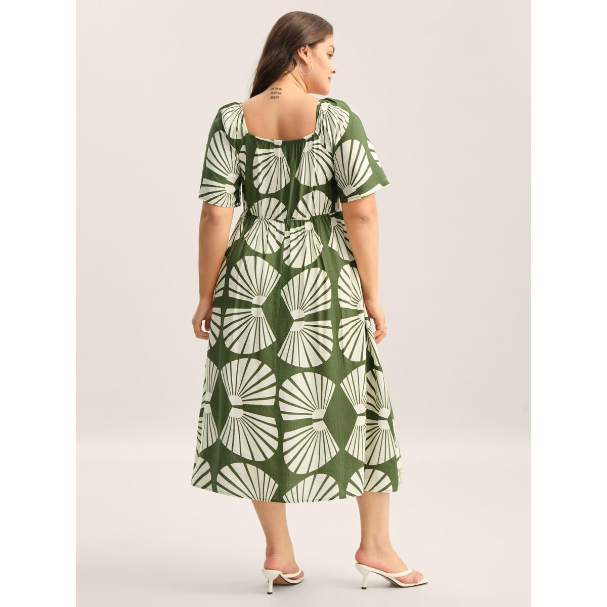 Plus Size Geometric Print Square Neck Cinched Midi Dress Moss Women Square Neck Short sleeve Curvy BloomChic 30/6X Product Image