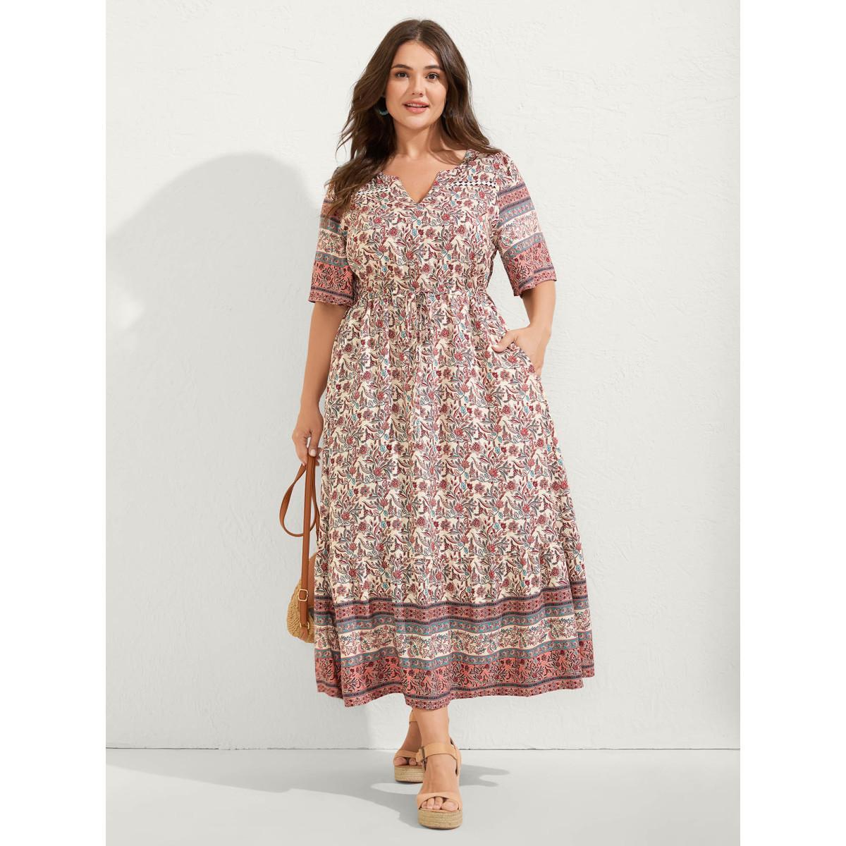 Plus Size Floral Print Lace Waist Drawstring Maxi Dress Salmon Women Woven ribbon&lace trim Flat collar with V-notch Half Sleeve Curvy BloomChic 28/5X Product Image