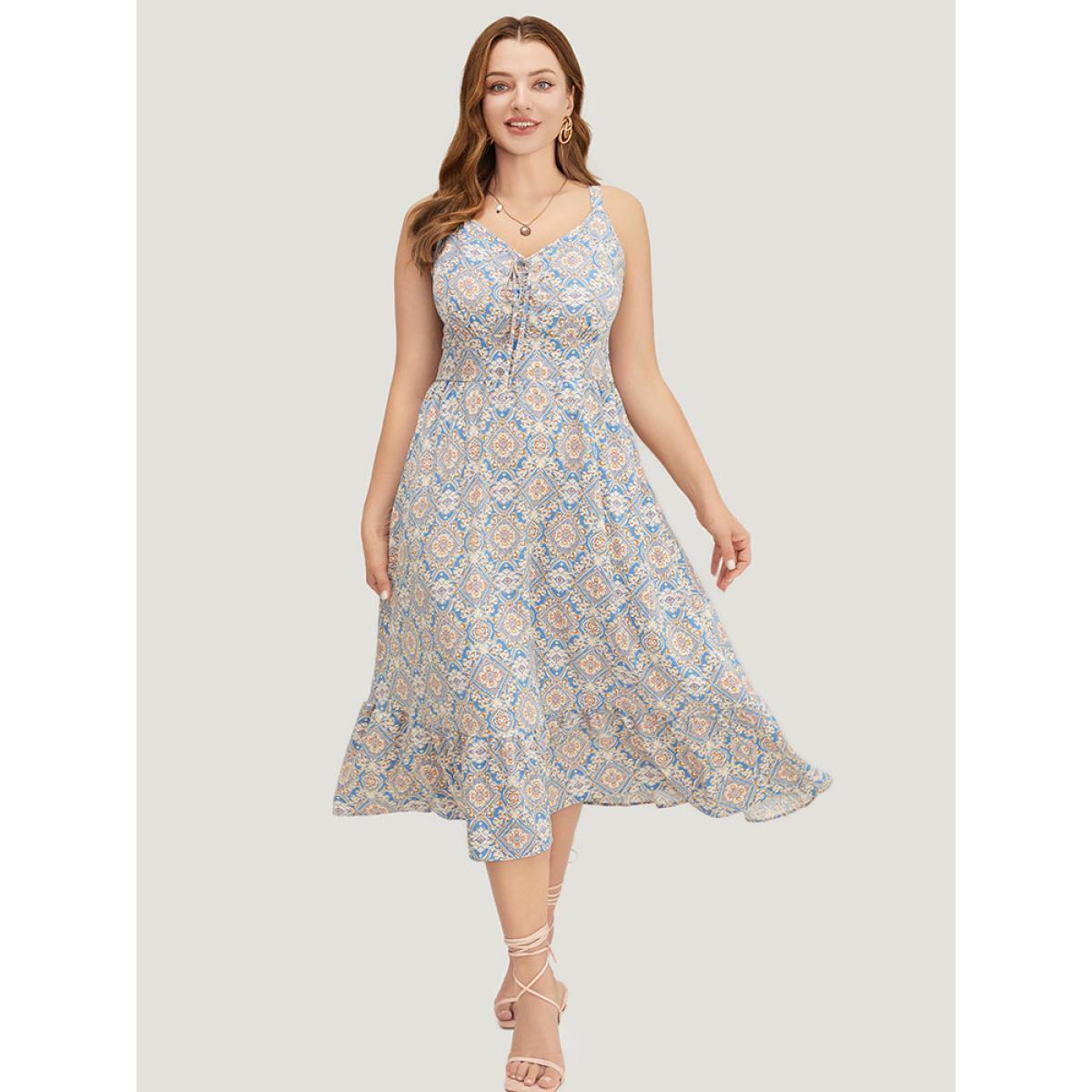Plus Size Bandana Knotted Pocket Ruffle Hem Empire Waist Cami Dress Multicolor Women Vacation Adjustable Straps V-neck Sleeveless Curvy Midi Dress BloomChic 10/M Product Image