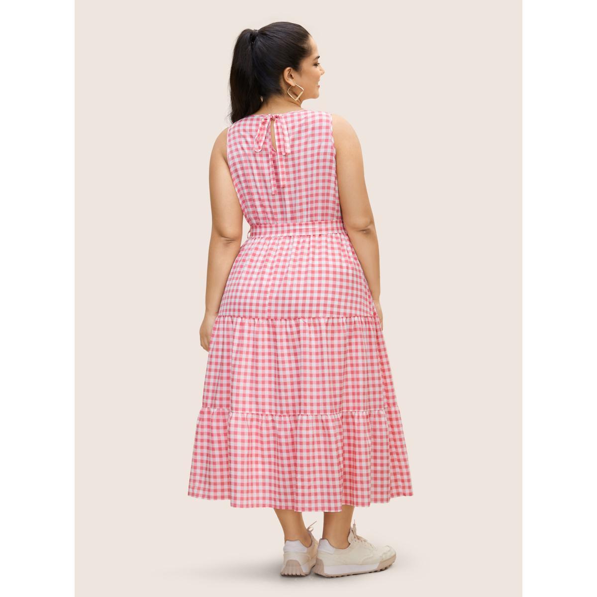 Plus Size Gingham Elastic Waist Sleeveless Maxi Dress Blush Women Casual Belted Round Neck Sleeveless Curvy BloomChic 18-20/2X Product Image