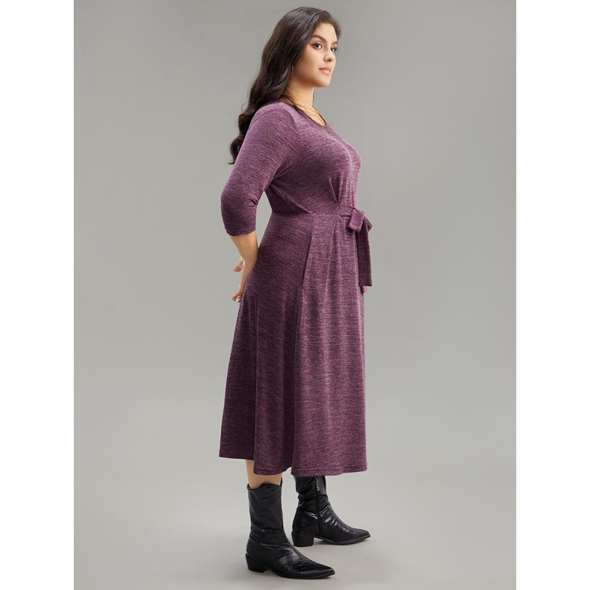 Plus Size Solid Heather Ties Pocket Dress RedViolet Women Casual Plain Round Neck Elbow-length sleeve Curvy Midi Dress BloomChic 26/4X Product Image