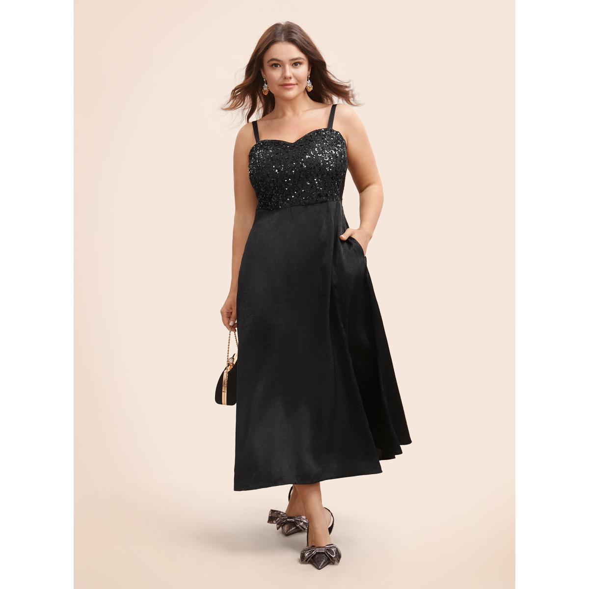 Plus Size Sequin Patchwork Split Hem Cami Dress Black Women Cocktail Texture Heart neckline Sleeveless Curvy BloomChic 14-16/1X Product Image