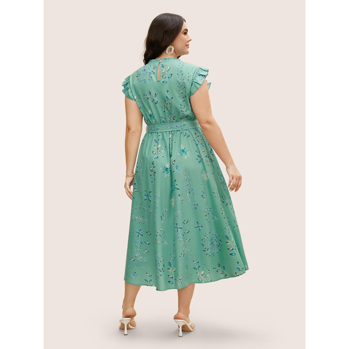 Plus Size Mock Neck Floral Ruffle Cap Sleeve Dress Palemauve Women Elegant Belted Mock Neck Cap Sleeve Curvy BloomChic 28/5X Product Image