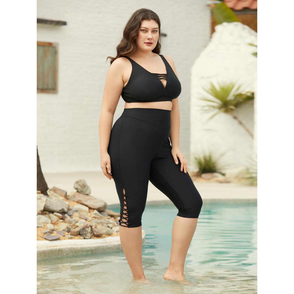 Plus Size Cut-Out Straps Hips Contour Swim Bottoms Women's Swimwear Black Beach Cross straps High stretch Skinny High Rise Curve Swim Bottoms BloomChic 18-20/2X Product Image