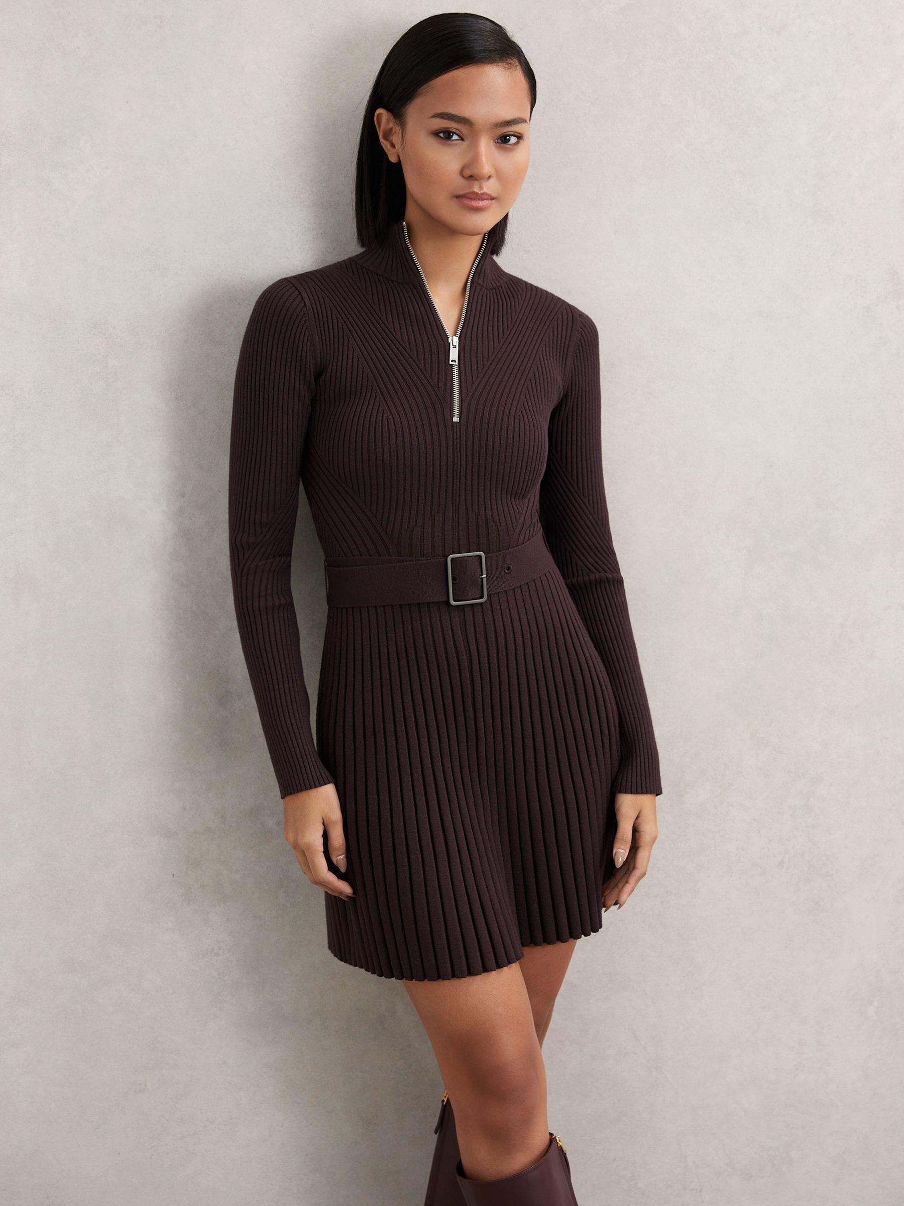 Rib-Knit Belted Half-Zip Flippy Dress in Plum Purple Product Image