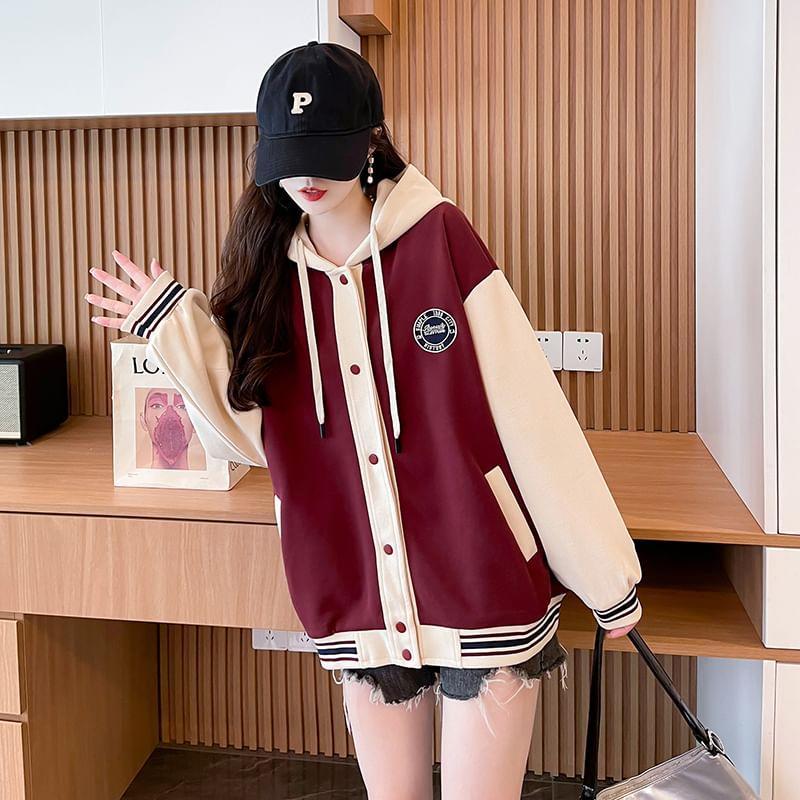 Lettering Embroidered Striped Trim Hooded Button-Up Baseball Jacket Product Image