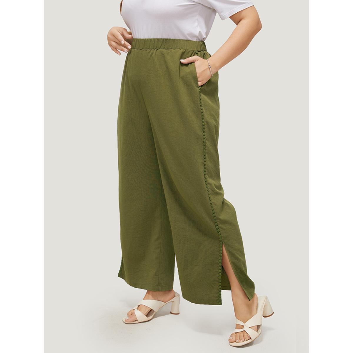 Plus Size Plain Pocket Elastic Waist Pompom Detail Split Pants Women ArmyGreen Elegant Mid Rise Dailywear Pants BloomChic 26/4X Product Image