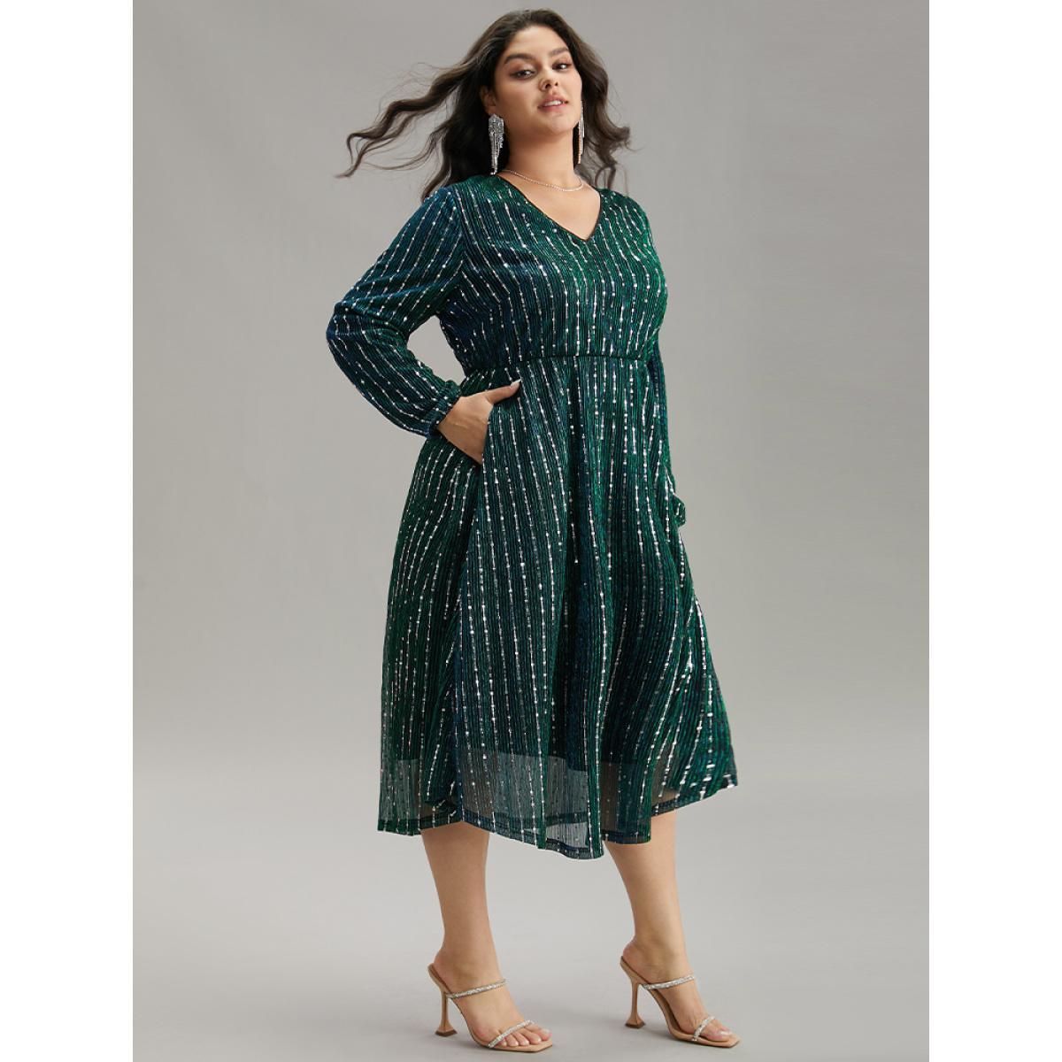 Plus Size Sequin Mesh V Neck Elastic Waist Dress DarkSlateGray Women Cocktail Sequin V-neck Long Sleeve Curvy Midi Dress BloomChic 14-16/1X Product Image