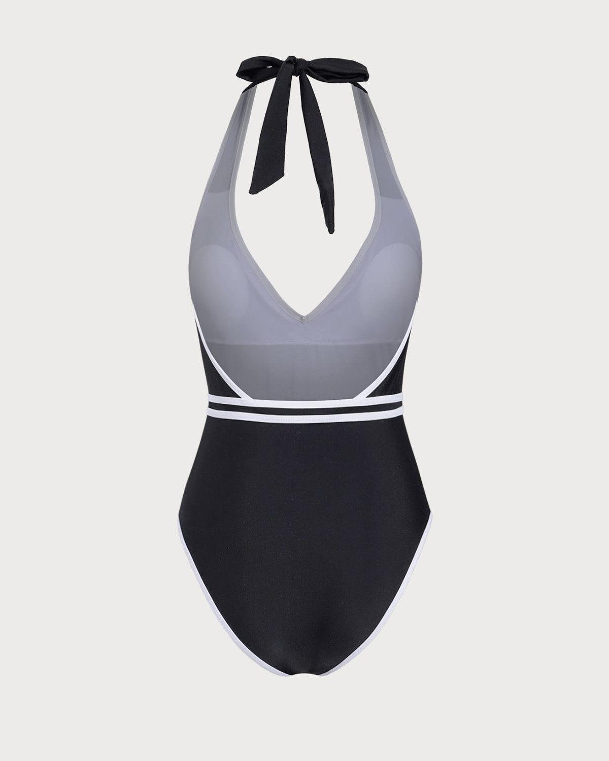 Black Contrast V-Neck One-Piece Swimsuit Product Image