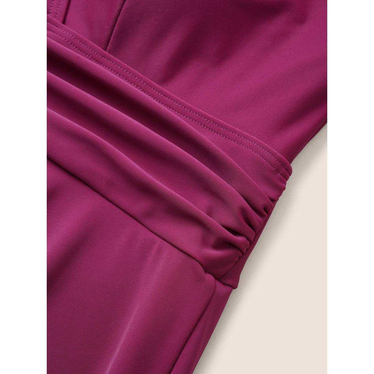 Plus Size Solid Ruffle Hem Empire Waist Halter Neck Swim Dress Women's Swimwear RedViolet Beach Bodycon Halter neck High stretch Curve Swim Dresses BloomChic 18-20/2X Product Image