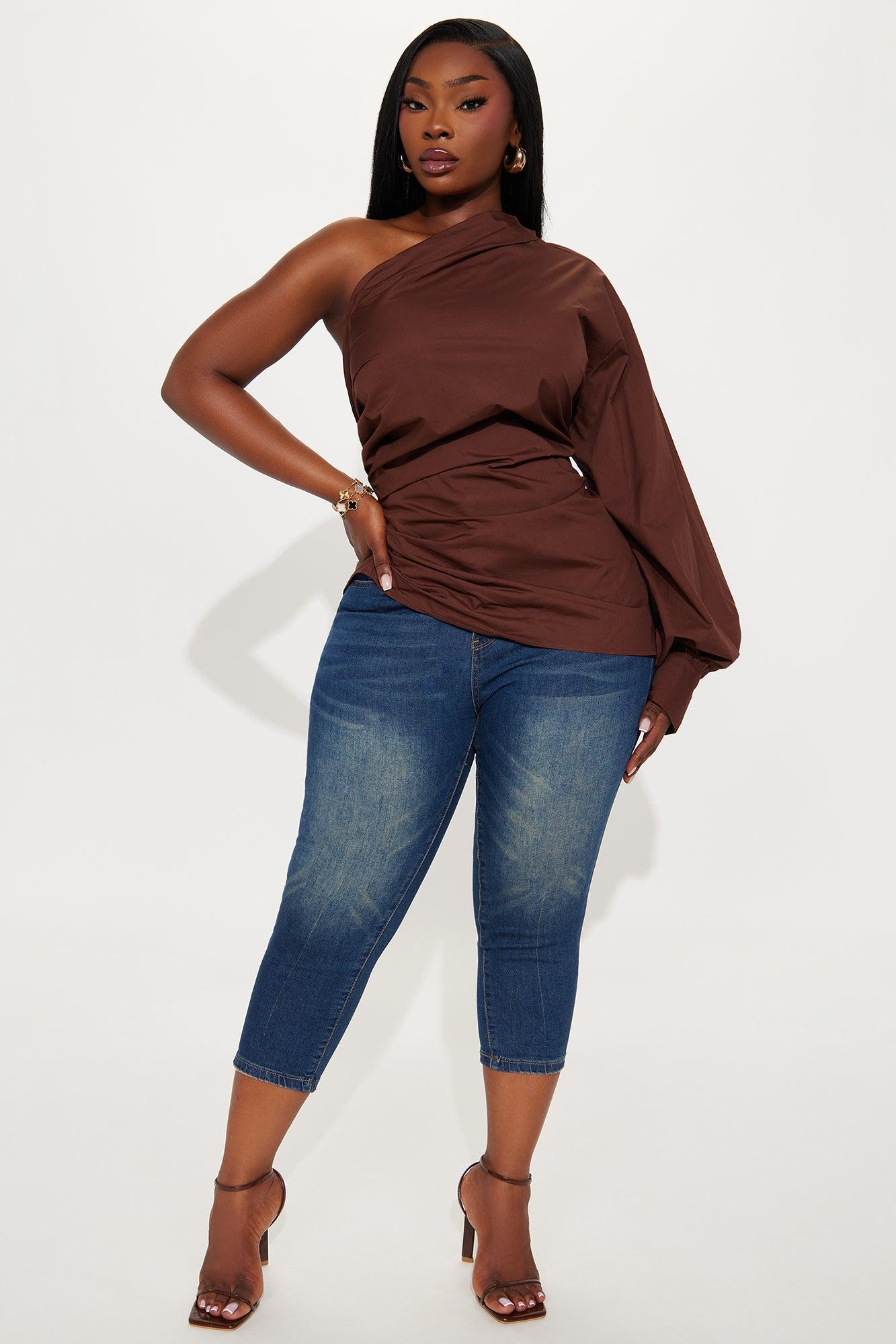 Dahlia One Shoulder Poplin Top - Chocolate Product Image