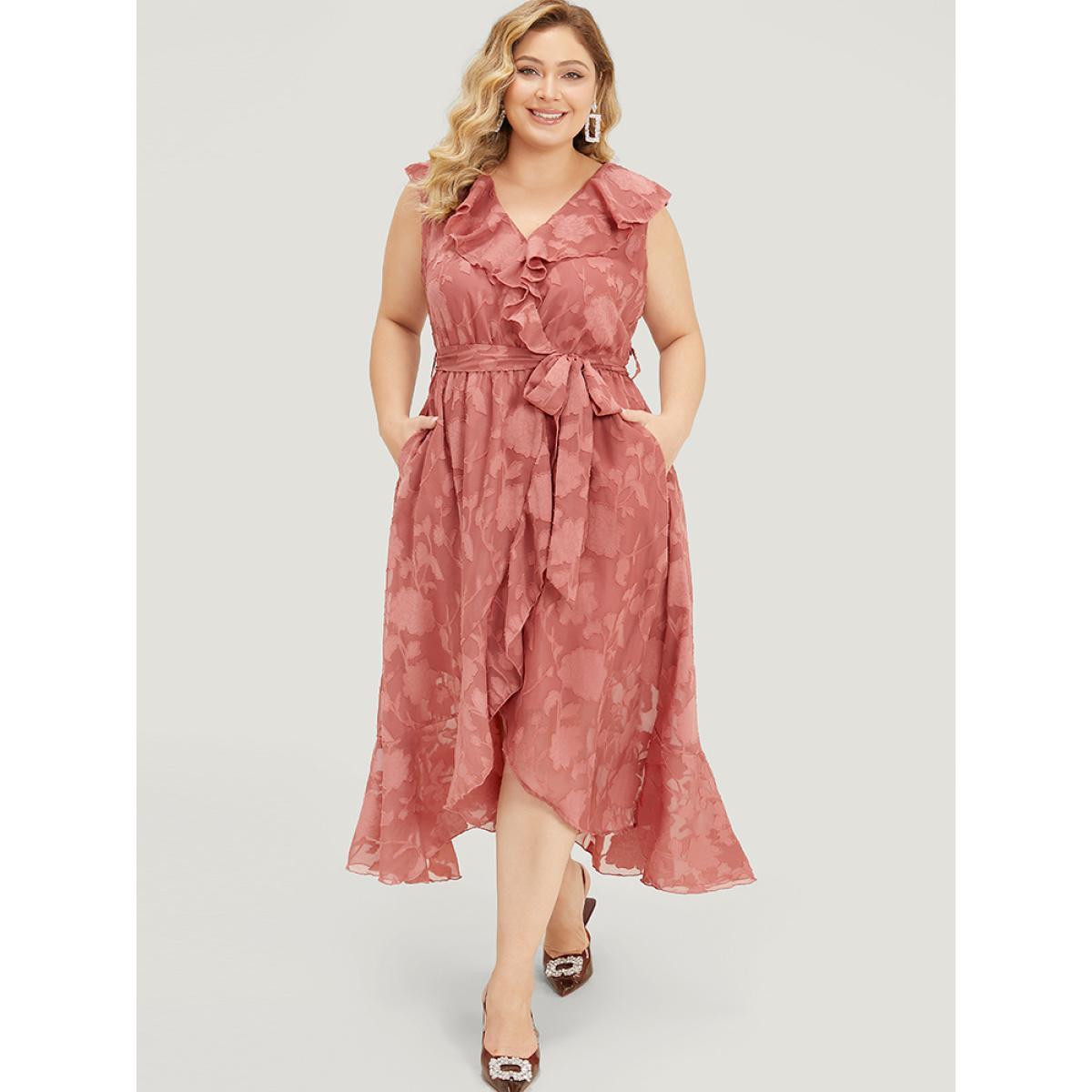 Plus Size Floral Print Ruffle Trim Wrap Belted Asymmetrical Tank Dress DustyPink Women Glamour Lined V-neck Sleeveless Curvy Midi Dress BloomChic 10/M Product Image