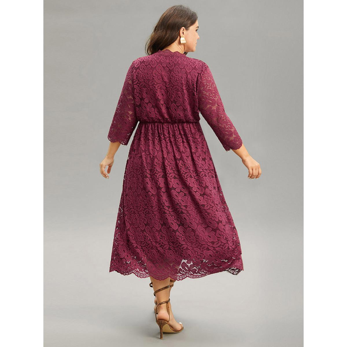 Plus Size Plain Elastic Waist Lace Patchwork Mesh Dress Scarlet Women Elegant See through V-neck Elbow-length sleeve Curvy Midi Dress BloomChic 28/5X Product Image