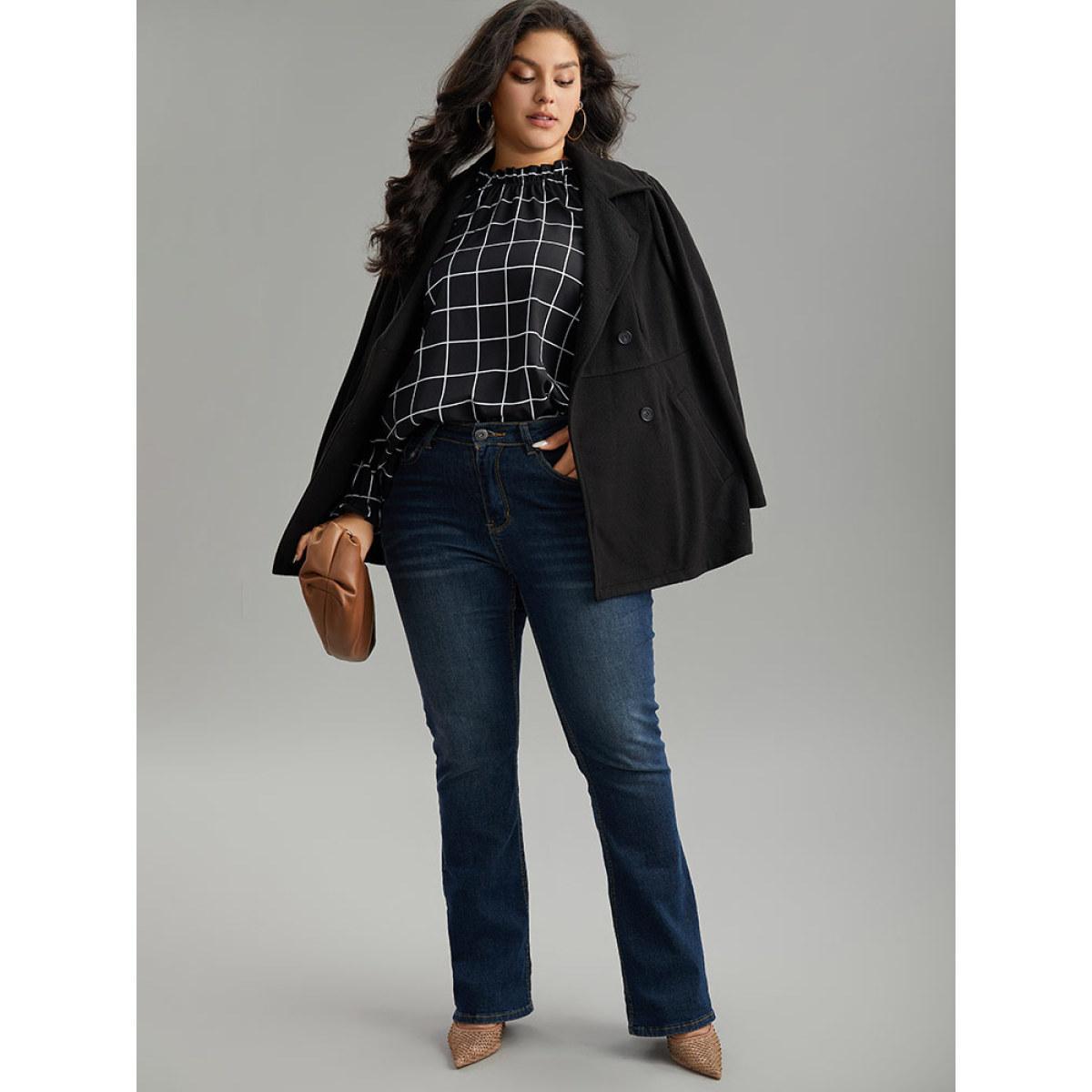 Plus Size Black Plaid Stand Collar Ruffles Lantern Sleeve Blouse Women Office Long Sleeve Stand-up collar Work Blouses BloomChic 10/M Product Image