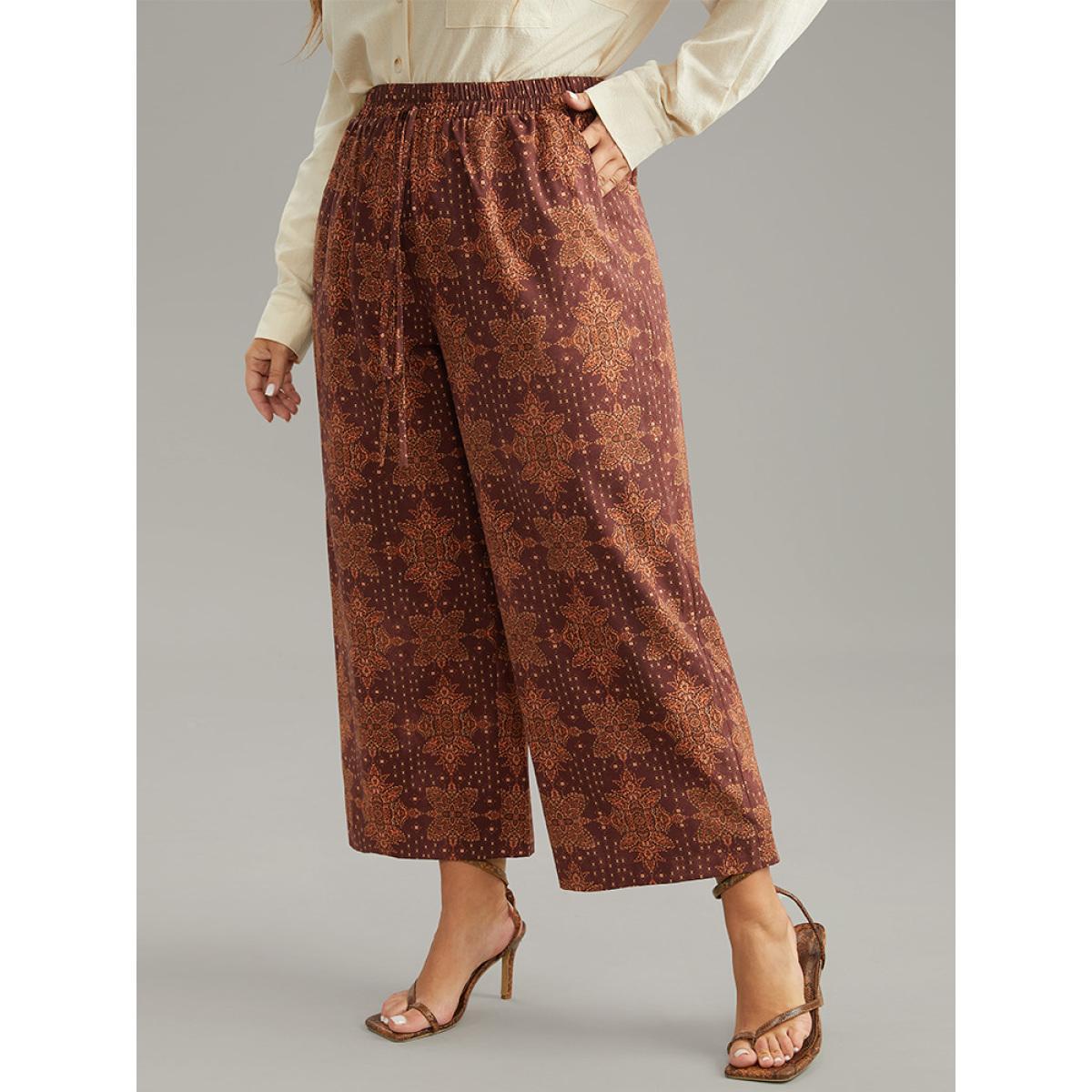 Plus Size Bandana Elastic Waist Wide Leg Ties Pants Women Maroon Vacation Wide Leg High Rise Dailywear Pants BloomChic 30/6X Product Image
