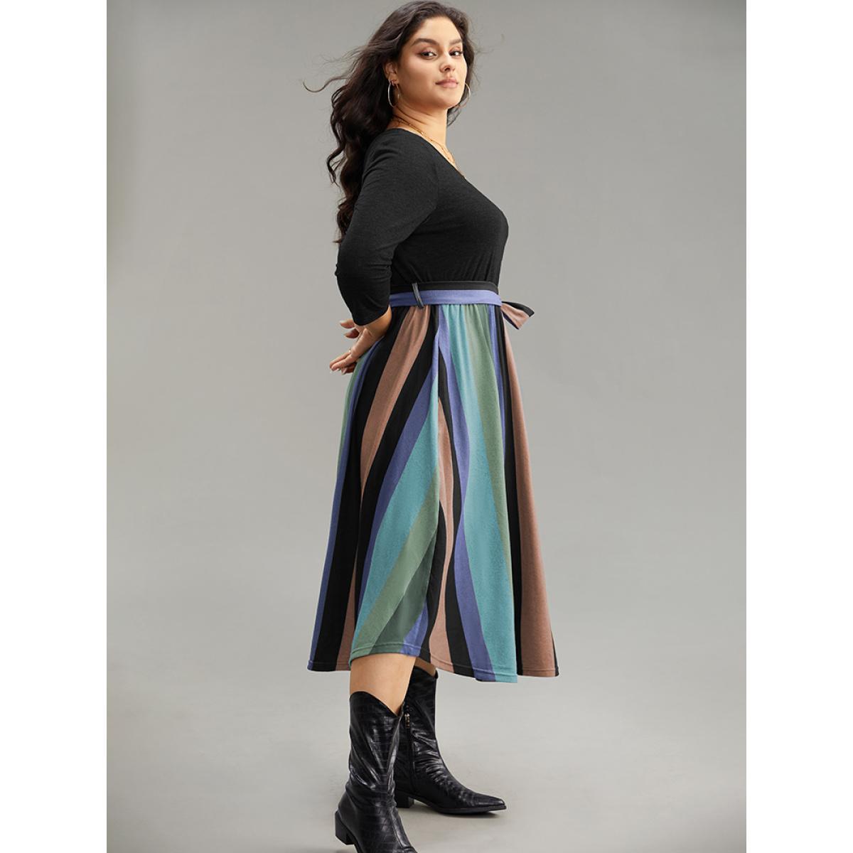Plus Size Striped Contrast Patchwork Belted Dress Navy Women Casual Belted Round Neck Elbow-length sleeve Curvy Midi Dress BloomChic 22-24/3X Product Image