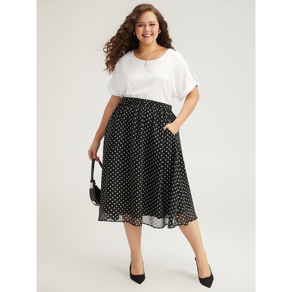 Plus Size Polka Dot Pocket Mesh Elastic Waist Skirt Women Black Office Lined No stretch Pocket Work Skirts BloomChic 18-20/2X Product Image