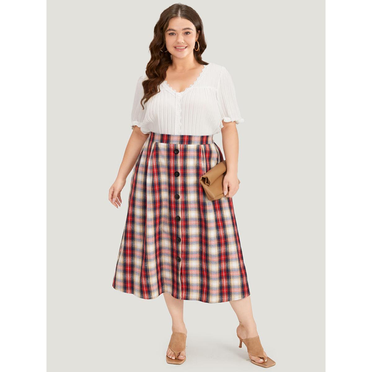 Plus Size Plaid Wideband Waist Pleated Button Detail Skirt Women Raspberry Office Button Loose No stretch Pocket Work Skirts BloomChic 12/L Product Image