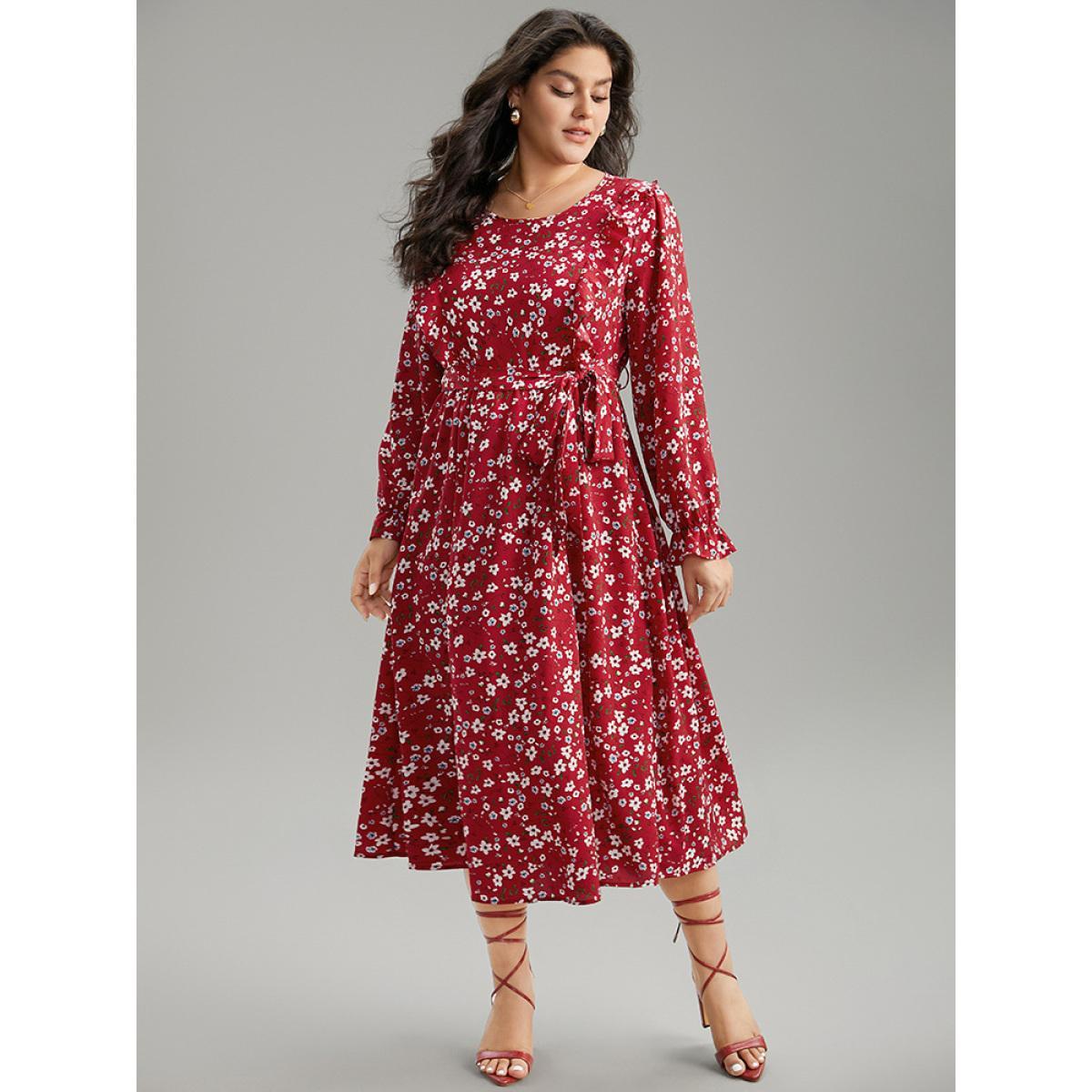 Plus Size Ditsy Floral Belted Ruffle Sleeve Dress Scarlet Women Elegant Belted Round Neck Long Sleeve Curvy Midi Dress BloomChic 12/L Product Image